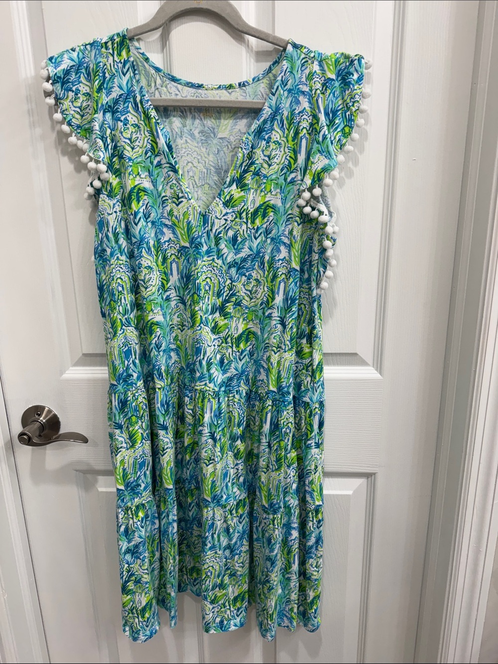 Lilly Pulitzer Blue Green Floral Midi Dress with White Pom Tassels